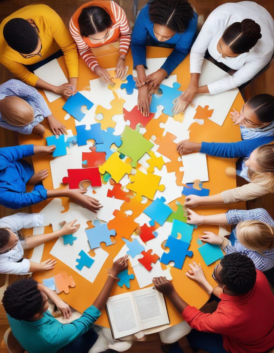 A vibrant collage of diverse individuals engaging in discussions about autism advocacy, surrounded by books, support group meetings, and educational materials. Incorporate symbols of knowledge like light bulbs and open books, with colorful puzzle pieces representing autism awareness. The background should be a soft, soothing color to convey a sense of support and inclusivity. super-realistic. vibrant colors. warm and inviting atmosphere.