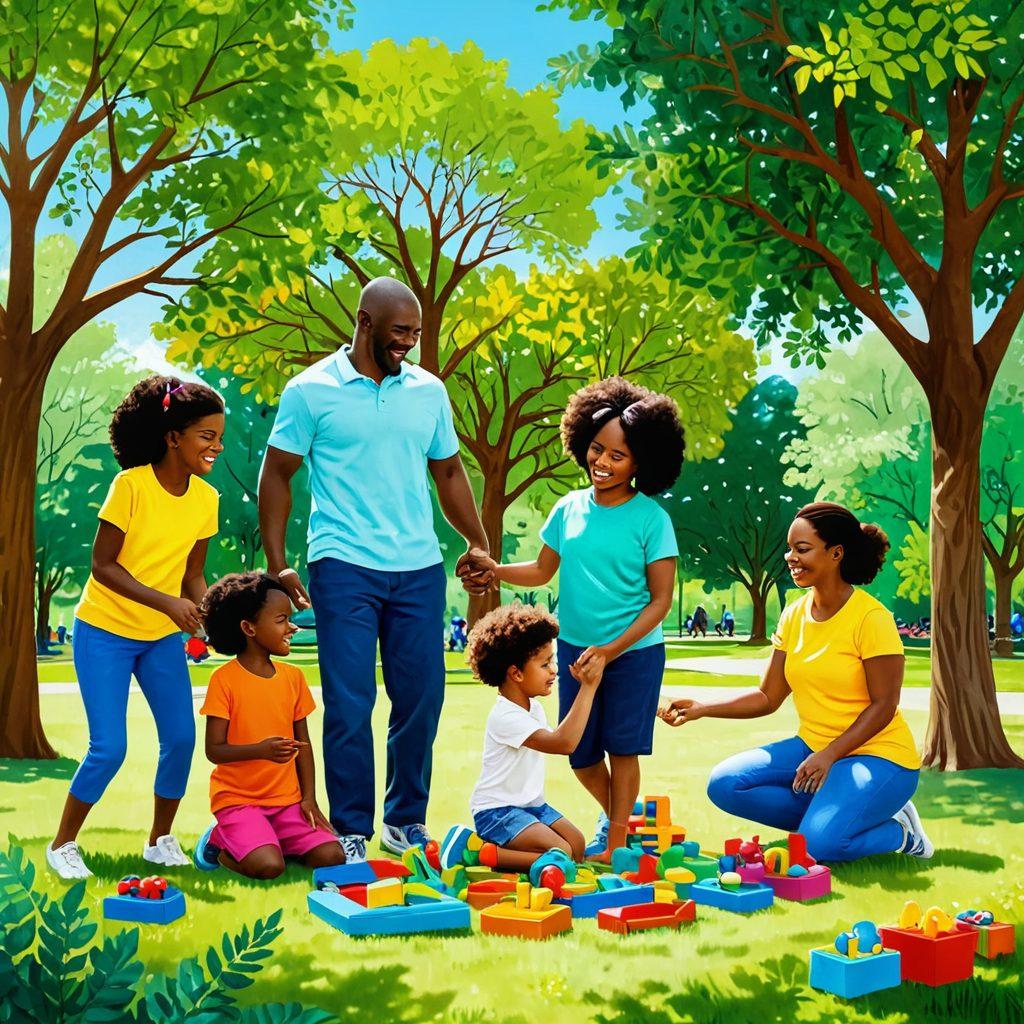 A warm and inviting scene of a diverse family engaging in joyful activities together, surrounded by colorful educational toys and sensory aids symbolizing support for autism. The background features a bright sunny park with trees and children playing, illustrating inclusion and happiness. Illustrate emotions of love, understanding, and empowerment, with the family's expressions radiating positivity. vibrant colors. illustration.